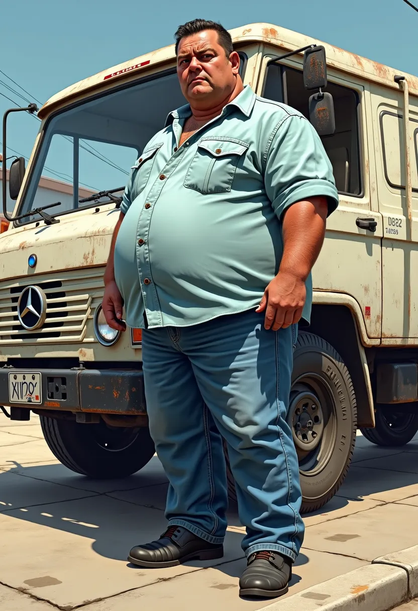  Create an ultra realistic image , Comic book style , Gta 6: A fat driver,  short curled hair, light blue shirt, jeans and black boots, next to your truck, um Mercedes 709, White cabin, Year 1992 .