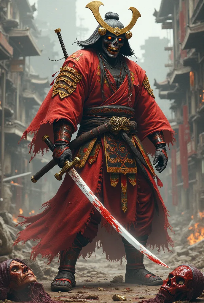 Samurai in red clothes with gold details skull head and katana with blood on the blade a head in the hand dripping blood in the background destruction and chaos