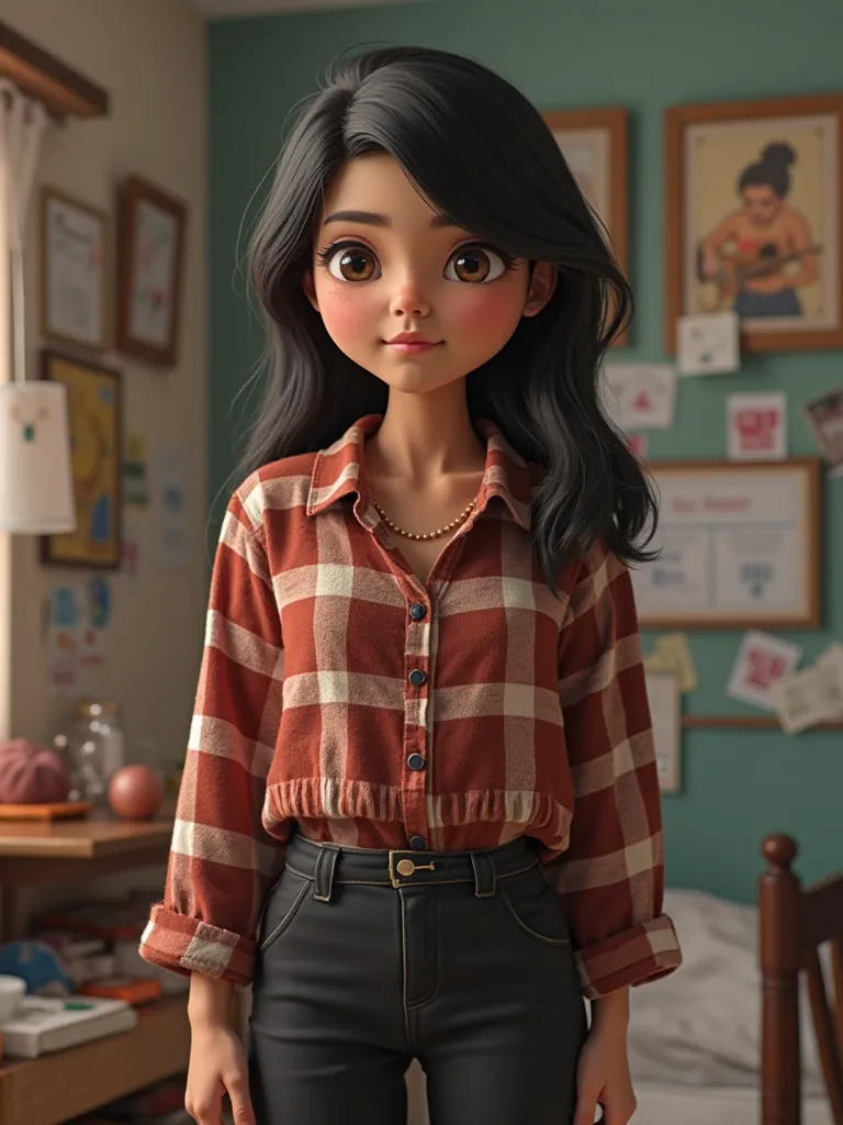 Create a 3D pose image of an 18-year-old,  black hair and brown eyes, brown skin.
Clothes from the top; tile colored plaid blouse.
Bottom rope;  black pants.
A young man with a serene and sweet look.
Local, in a very disorganized style room.