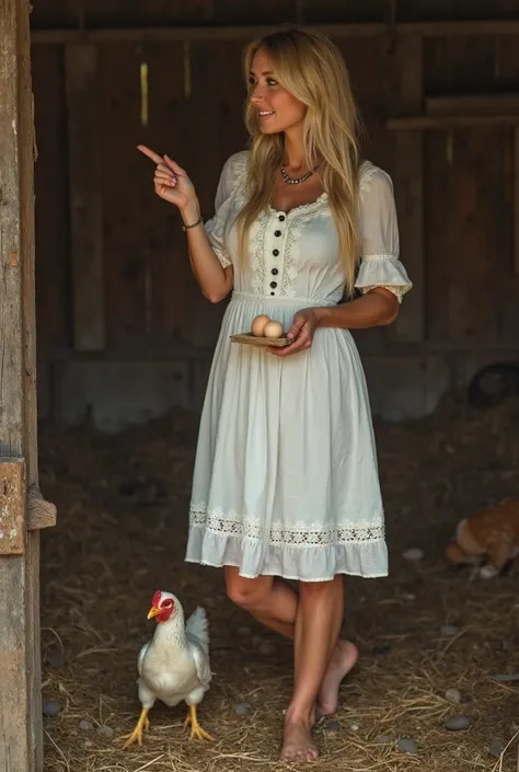 country woman milkmaid blonde tanned in a white dress kicks her bare feet frontal kick, legs dirty she is in the hayloft in the mud The picture was taken from below she is standing above me and I see her dirty foot she points at her finger in her hand she ...