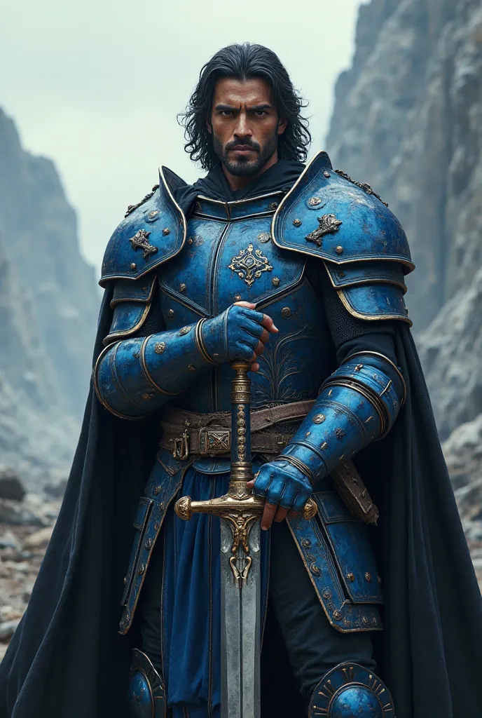 28 year old man, brown skin, black hair, 1 meter and 80 blue armor with black cape, sword in hand