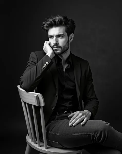 handsome man, muscular physique, 30 year, quaff hairstyle black hair with brown shades, with trimmed sides, small nose, brown eyes, short trimmed beard, athletic body, A grayscale portrait of a light-skinned man in his late 20s or early 30s. He is seated i...