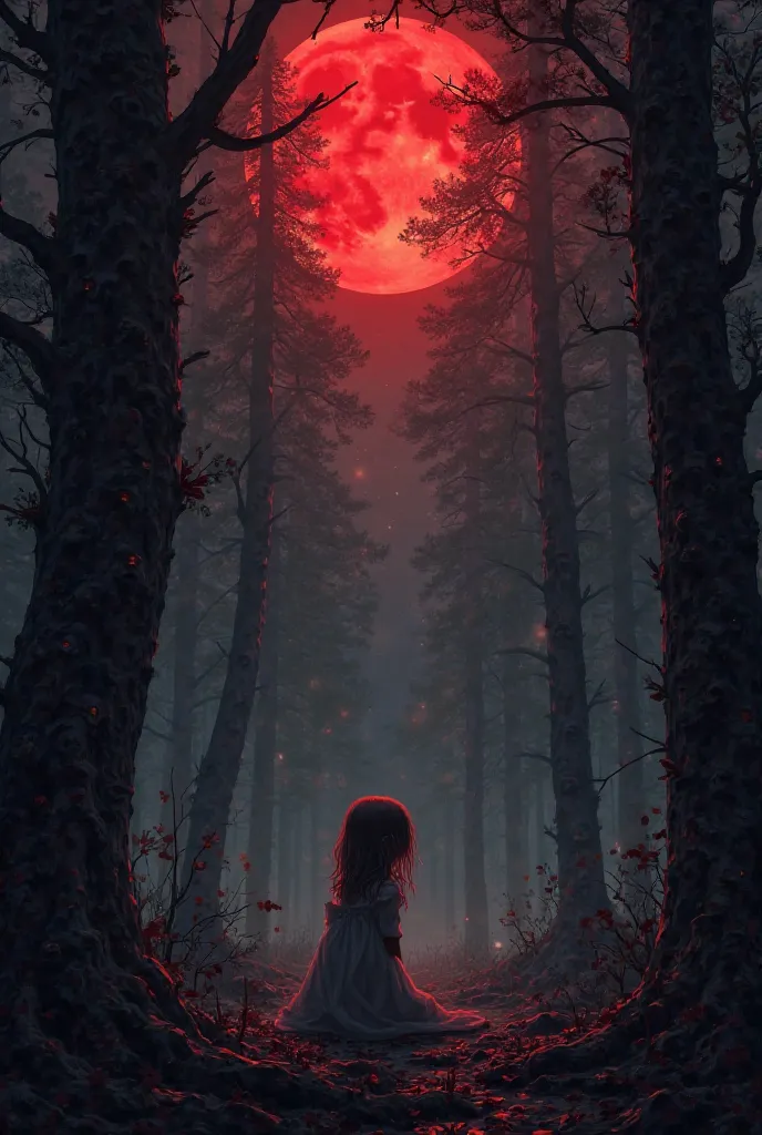 Girl kneeling in the dark forest with the full moon red pine trees around her with many eyes watching her around her 