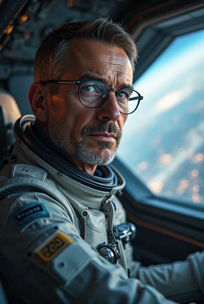 A close up profile picture of a handsome male astronaut with short, brown hair and piercing blue eyes, Wearing glasses and sitting confidently inside a futuristic spacefighter pilot seat. His expression is determined yet serene, reflecting years of experie...