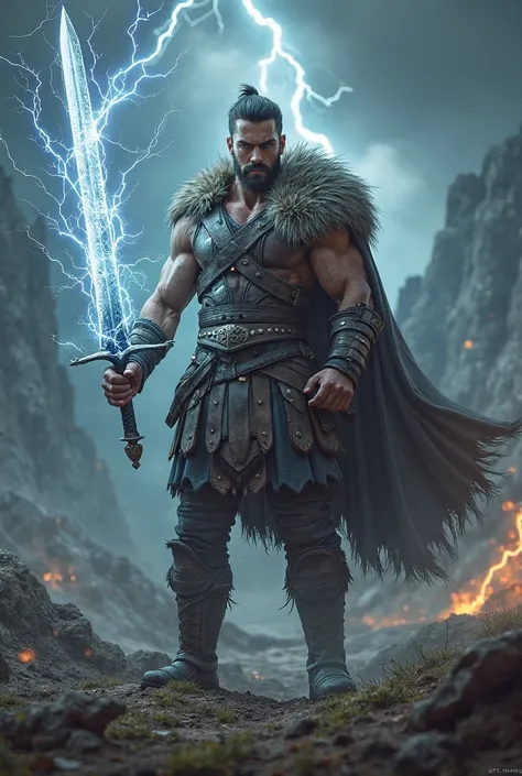 Young and handsome Viking warrior with sword wrapped in lightning in combat posture