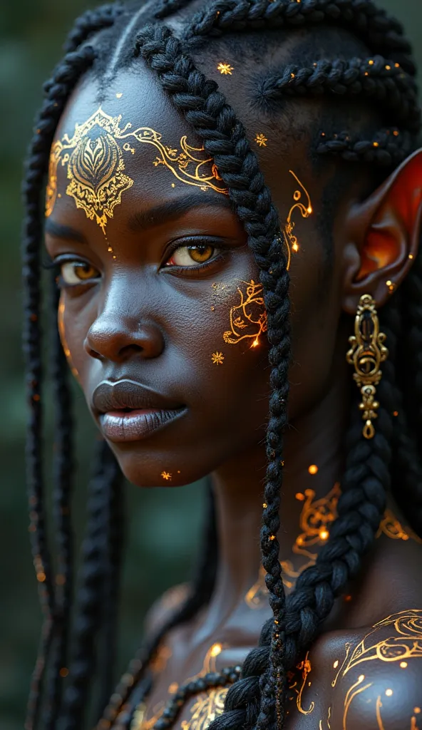 Create a highly detailed portrait of a dark-skinned, humanoid character with glowing skin markings, golden eyes, and braided hair. The lighting and details, such as the pointed ears and tribal tattoos, should give the image a mystical and otherworldly feel...