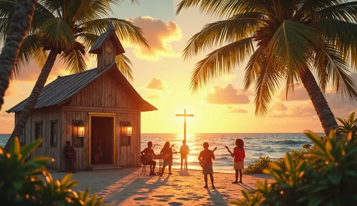 A small rustic church with an open-air setting near the ocean, where a reggae band is playing worship music. The scene is bathed in warm sunlight, with palm trees swaying gently. The ocean sparkles in the background, and a glowing cross stands at the cente...