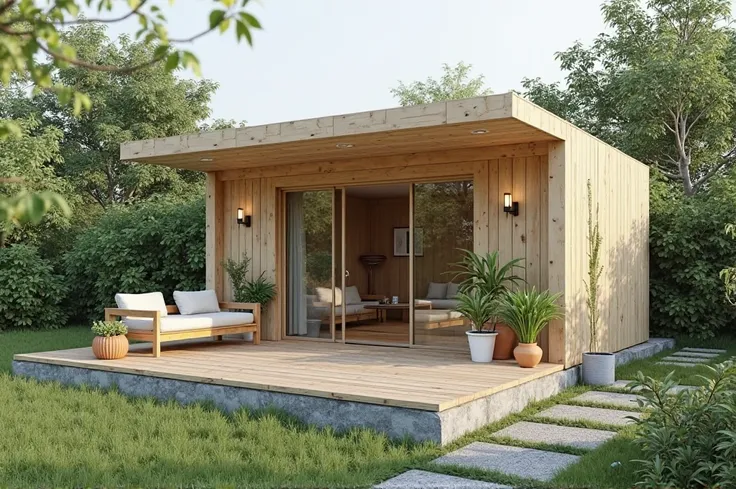 Small modern wooden cabin (photorealistic style), elevated on concrete platform, surrounded by lush greenery, light beige exterior, wooden decking,  (light brown wooden planks:1.2),  open plan design,  glass sliding doors leading to patio area, (simple woo...