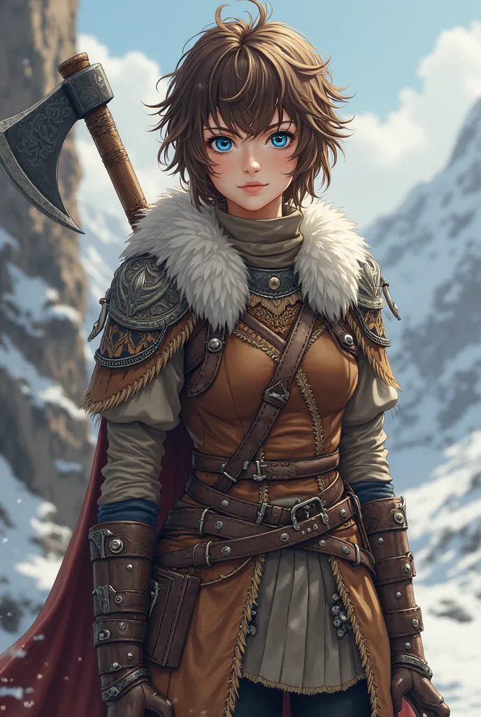 Anime Viking Girl, Top: A fitted leather tunic reinforced with fur-lined shoulder guards for warmth and protection. The tunic has Nordic embroidery in faded gold or silver, giving it a slightly ornate yet battle-worn look.. belt & Accessories: A sturdy bel...