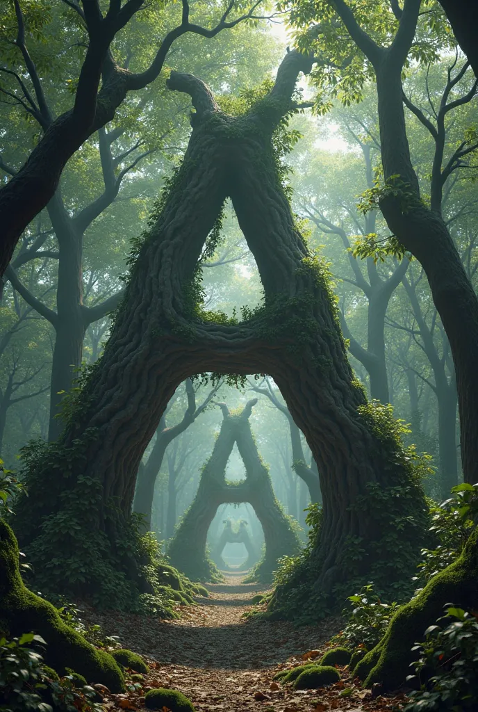 (H) Several trees shaped like the letter A, in a dark forest