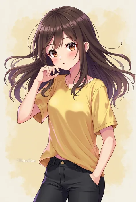 Generate anime styple art of a girl with dark brown hair and dark brown eyes. Wearing pastel yellow tshirt with black pants. And wearing yellow and black shoes