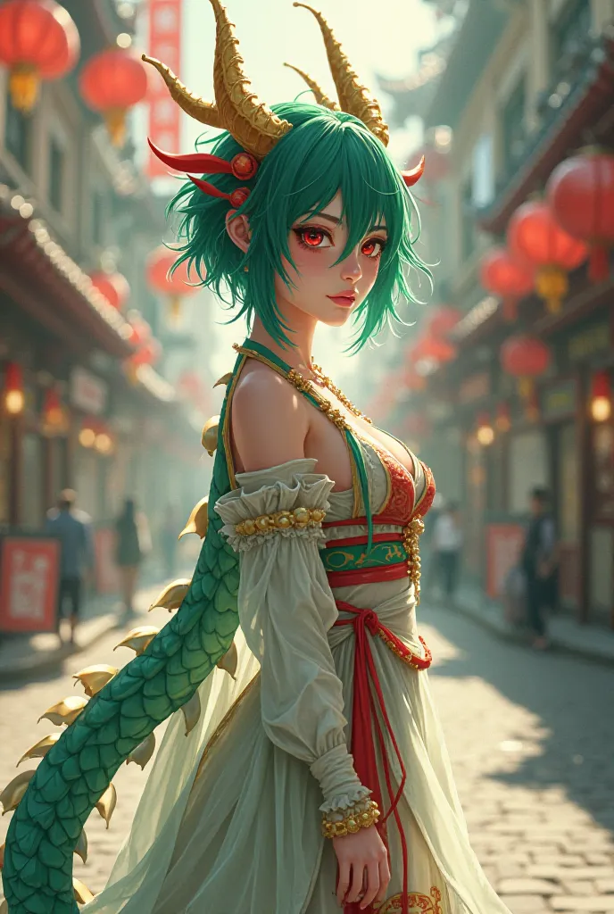 A dragon girl with short green hair with a red streak with golden horns in a white-green Hanfu,red eyes, stands on the street in red slippers, with size 5 breasts