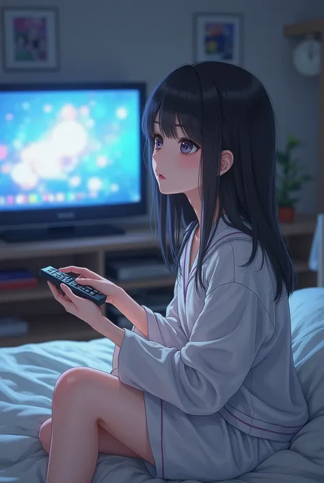 a girl holding a remote control with white skin and pajama clothes like Ayeza Khan、a girl watching TV in her bedroom、Black hair holding a remote control, straight hair, Japanese semi-long hair, real