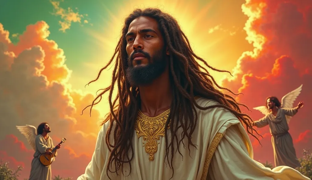 An artistic depiction of Jesus with long, flowing dreadlocks, wearing a white robe with golden trim. A peaceful and divine glow surrounds him. Behind him, a sky filled with soft clouds forms the Rastafarian colors—red, yellow, and green—in a beautiful grad...