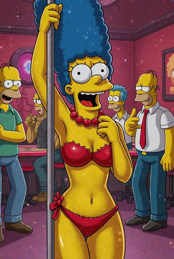 Create a Simpsons image with marge simpson wearing red lingerie, Pole dancing. In a nightclub surrounded by simpsons characters 