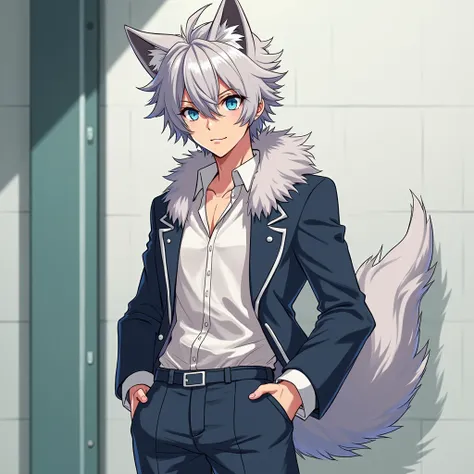 Guy, anime, ash hair color, blue eyes, school uniform, abs, young, light skin, wolf ears, wolf tail, handsome