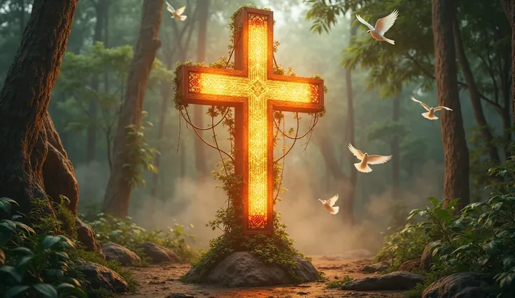 A glowing wooden cross standing in a mystical tropical forest, with vines wrapped around it. The light from the cross radiates in Rastafarian colors—red, yellow, and green—gently blending into the surroundings. Mist rises from the ground, and doves fly gra...