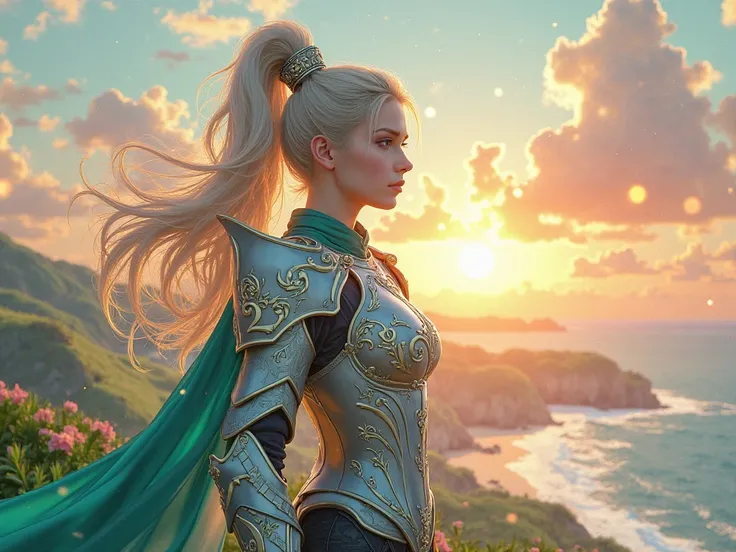 high quality, 8K Ultra HD, A beautiful double exposure that combines an goddess silhouette with sunset coast, sunset coast should serve as the underlying backdrop, with its details i"A hyper-detailed digital painting of Noelle from Genshin Impact, clad in ...