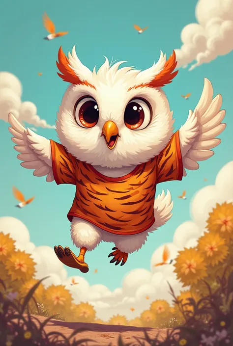 Indications
Little white owl with a cute full body face flying athlete wearing a tiger t-shirt drawn in the comic guiblin style