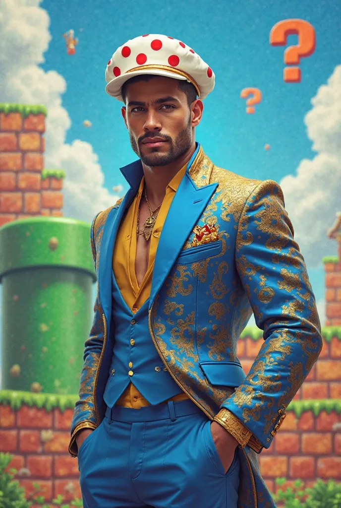 create a beautiful realistic man with a blue and gold jacket, and white hat and red polka dots with a Mario Bros background