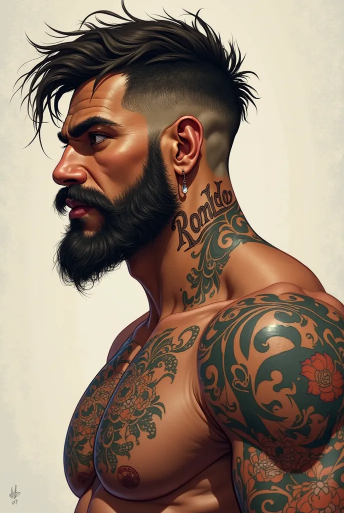  Aparência: JOAO is a robust character,  with an imposing presence . He has short, disheveled hair, with a well-trimmed beard that gives him an air of wisdom and experience.  Your skin is tanned, and he has intense eyes that convey determination.

tattoos:...