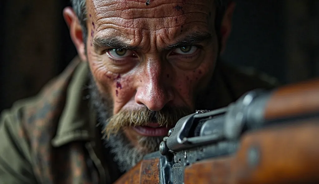 "Close-up of the rebellion leader—a scarred, battle-hardened warrior with piercing eyes. He grips a worn-out but powerful rifle, his expression filled with defiance. The dim lighting casts harsh shadows on his face, emphasizing the weight of his words."