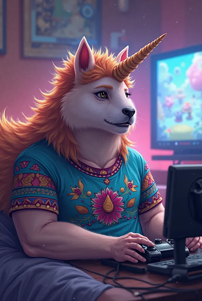 Unicorn fused with marmot somewhat muscular human body wearing Uruguayan t-shirt and playing video games in anime