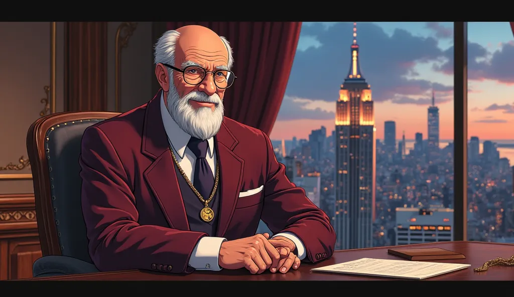 Modern anime-style digital portrait of a 90-year-old Jewish money expert exuding wealth and wisdom. His face is rendered in exquisite anime detail: deeply lined with decades of experience, with kind yet piercing eyes behind classic round spectacles, and a ...