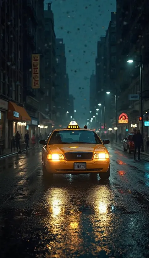 Taxi headlights illuminating the street in the dark 