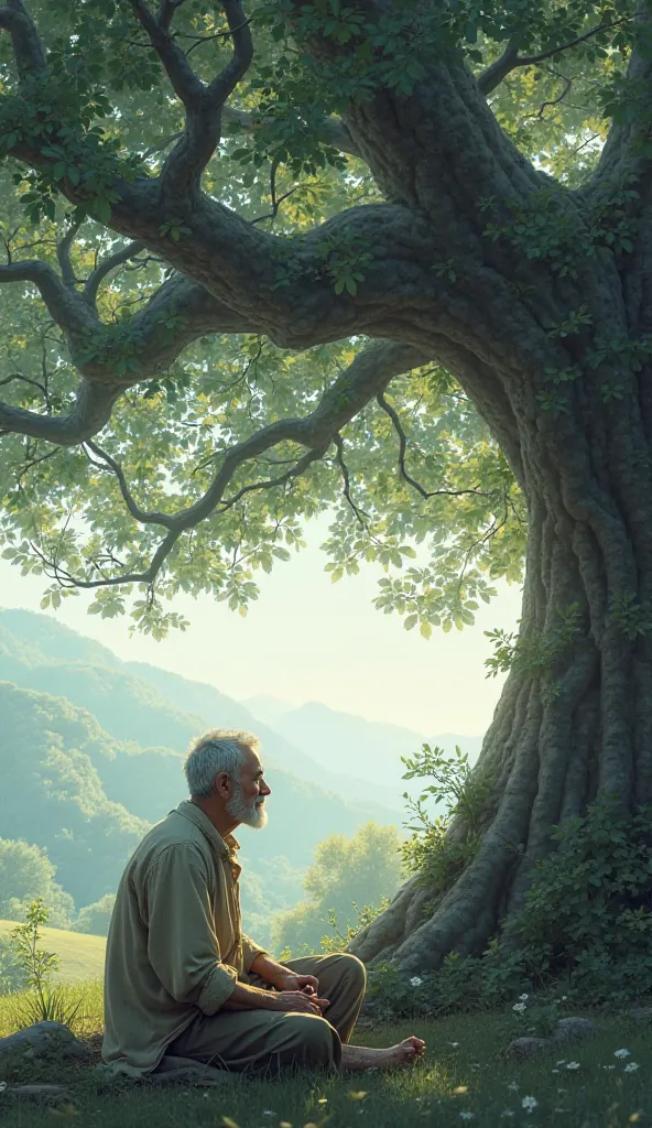 An elderly man sits under a tree, watching ren from afar with a wise and nostalgic look.