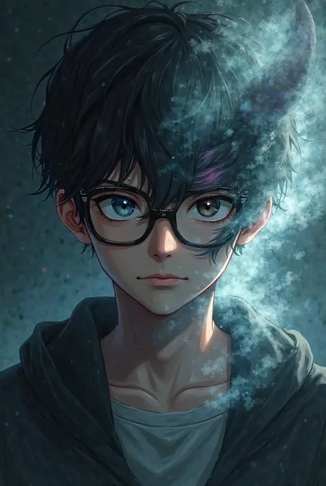 A handsome nerdy boy who only shows half of his face and the other half a demon who looks like smoke smiling anime image