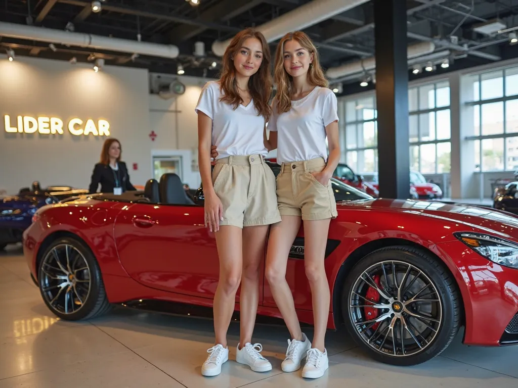 Two girls aged 16, (beige short shorts and white sneakers are standing near ), one of the sporty, 
of a modern expensive car,  convertible , Without a roof, at a sports showroom 
cars. There is a girl consultant in an office uniform near the girls. On one
...