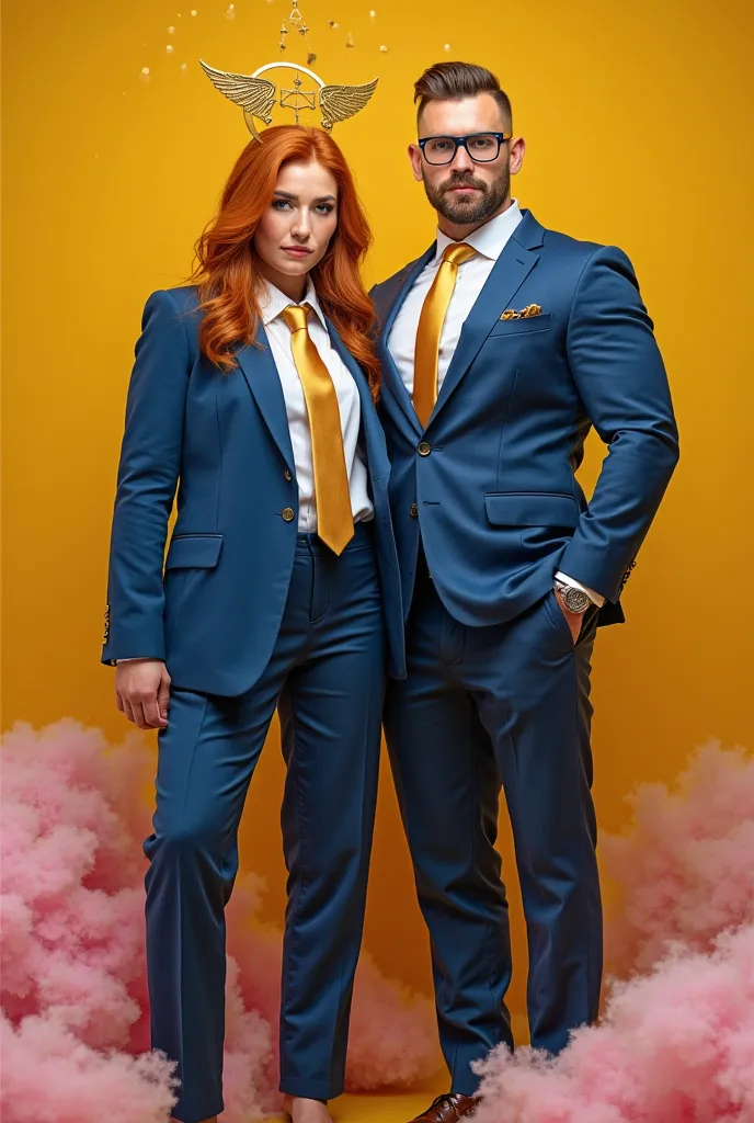 beautiful redhead woman,wearing a blue suit, golden tie, , , Along with a hot tanned brunette man , And sexy square glasses, face sexy, hot Men, Brutal face, Muscular Largo, Bravo ,undercut, Golden tie,muscular in blue suit,Large body,undercut hair, ,well-...