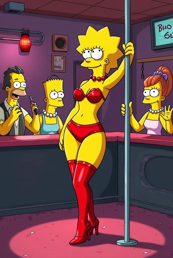 Create a Simpsons image with marge simpson wearing red lingerie and stockings, Pole dancing. In a nightclub surrounded by simpsons characters 