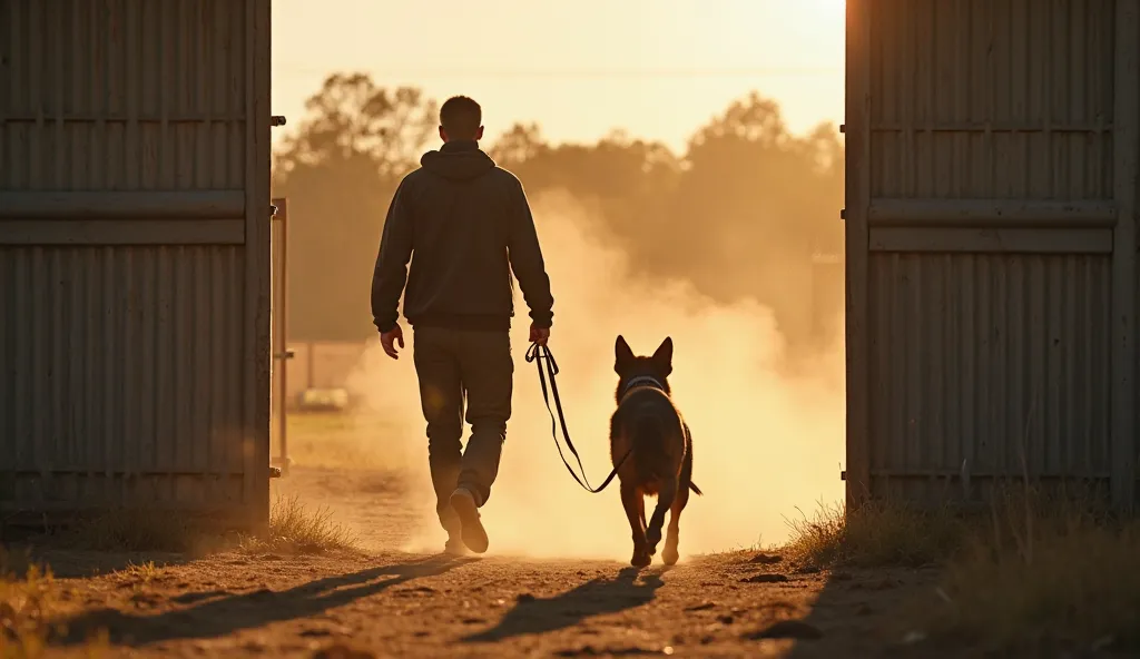 Daniel and Shadow walk side by side out of the kennel, the leash loosely held in Daniel’s hand, not as a restraint but as a guiding connection. The German Shepherd moves tentatively but willingly, his tail slightly raised—not in full confidence yet, but no...