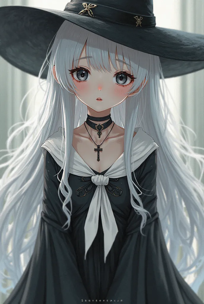 A cute witch with long white hair and bangs, black eyes, white skin, wearing a cross necklace, a black dress with a white cloth covering her neck down to her chest, cute and beautiful face, loli anime