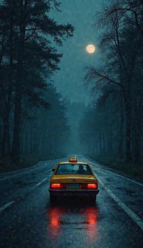 A taxi driving along an empty road at night