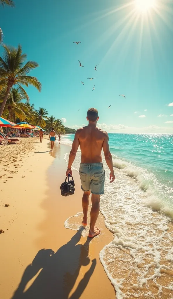 POV, first-person view of a man walking barefoot along the shoreline of a pristine tropical beach, holding his sandals loosely in one hand. The warm, soft sand sinks slightly under each step, while the cool, gentle waves wash over his feet, leaving a refre...