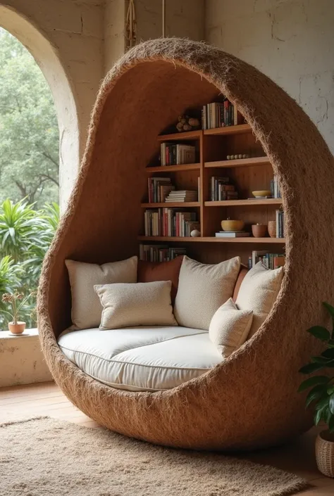 Interior furniture inspired by nature. Coconut shell reading corner/couch. Cozy comfortable coconut shell inspired reading couch with book storage