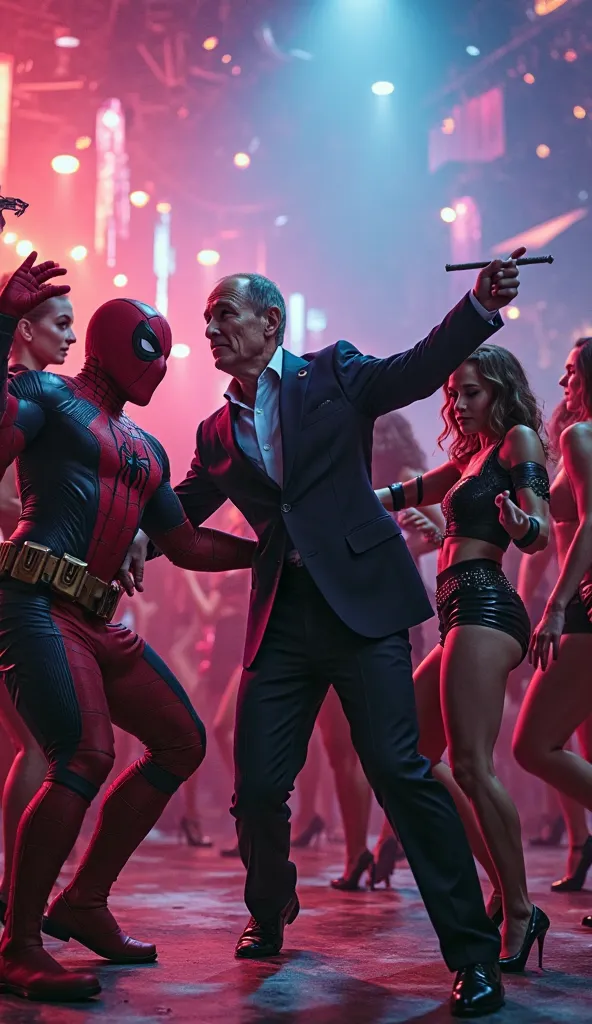 Spiderman, dedpul and President Putin are dancing in a club surrounded by girls