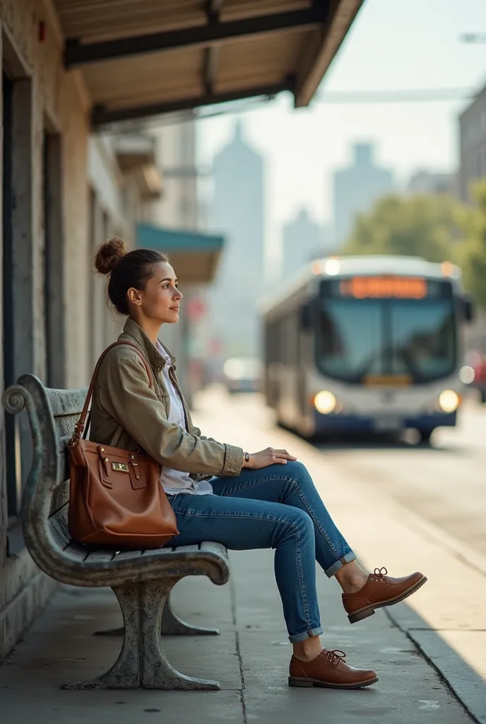 Casual woman for a day's work sitting at the bus station waiting for the bus to arrive