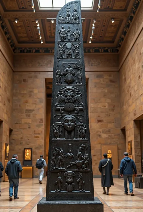 Black Obelisk of Shalmaneser III.  A towering black obelisk with finely engraved reliefs of ancient kings and warriors in the museum 