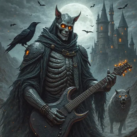 A muscular skeleton wearing futuristic armor in black and gray tones, playing a guitar, with a fierce wolf with flaming eyes beside it, a dark medieval castle with the moon between the clouds, bats, crows, a stor, front