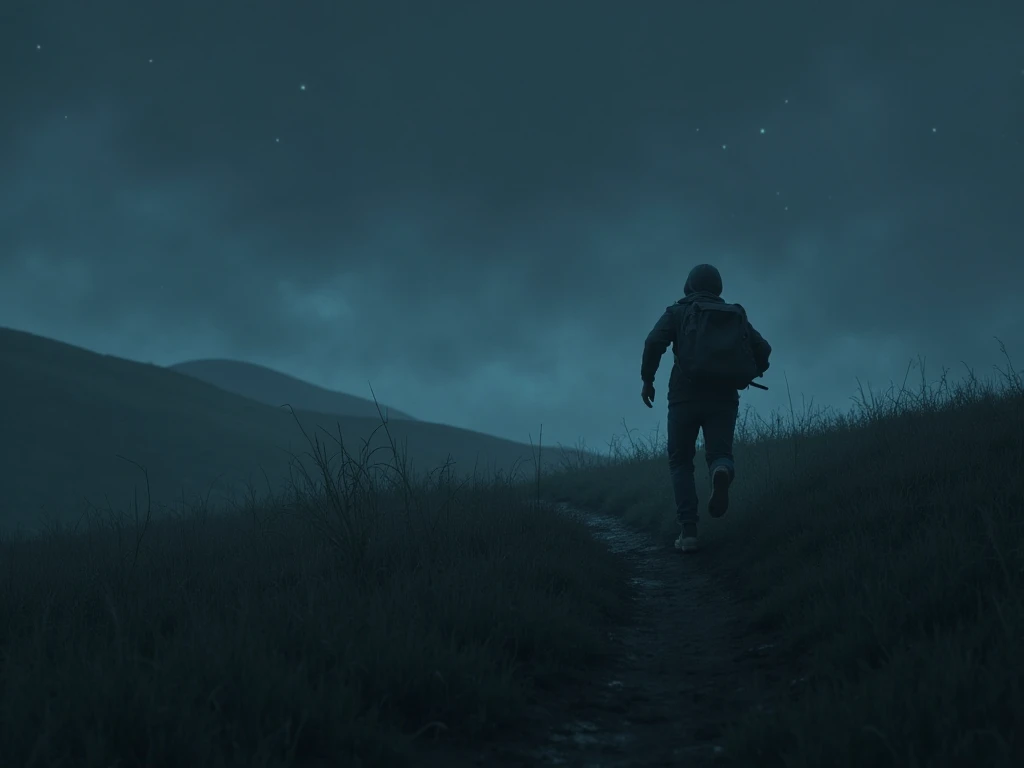 Night. Some guy who can hardly be seen runs across a small field with small hills with a backpack behind him