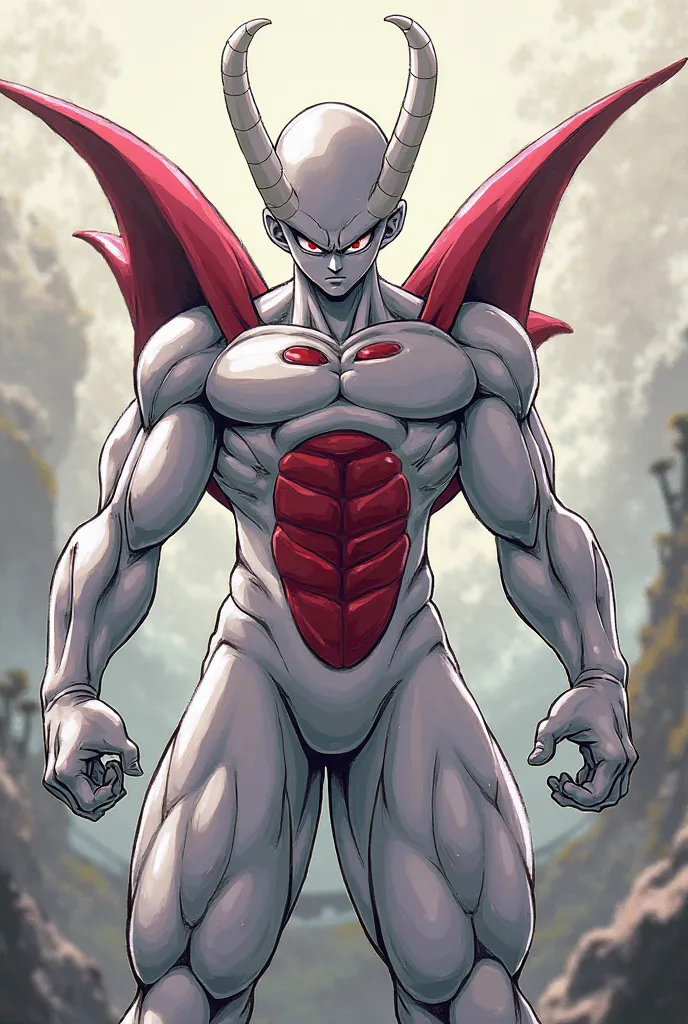 anime style, dragon ball freeza, pose of arms Alberto looking at the spectator,  white skin,Caulda and red parts on the body