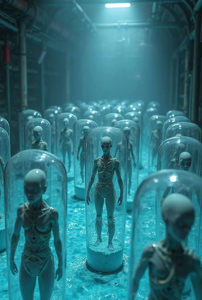 4k, master piece, photorealistic, albino people farm, their bodies are standing inside green glass capsules, their bodies float inside a slightly bluish liquid, their eyes are red, their bodies are full of tubes and cybernetic implants, the capsules are ar...