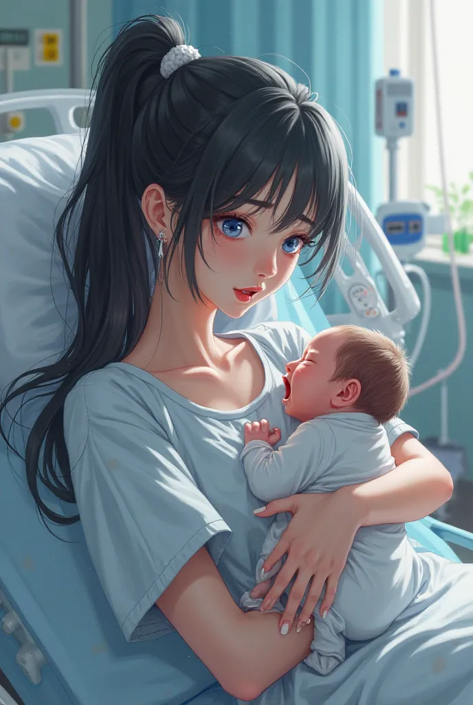  young woman, long black hair tied in a ponytail and blue eyes, white skin and pink lips, He is wearing a hospital gown, She is lying on a stretcher inside a hospital room with medical devices nearby, Holds a newborn baby while crying.