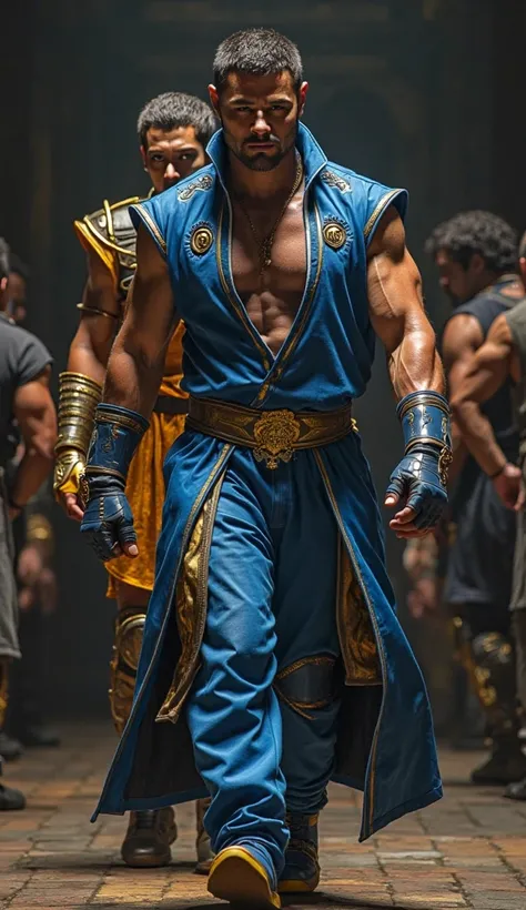 "A man wearing clothes that combine the colors blue and gold, inspired by the Warner Bros. logo, walks towards the camera with a decisive and confident expression. Next to him, a character from Mortal Kombat, like Raiden or Liu Kang, is wearing his signatu...