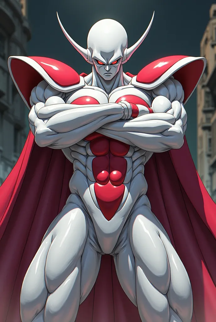 anime style, dragon ball freeza, pose of arms Alberto looking at the spectator,  white skin,Caulda and red parts on the body