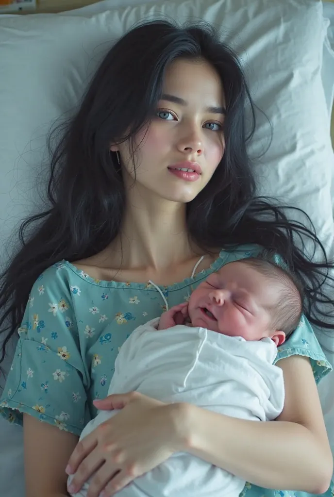  young woman,  long black hair and blue eyes , white skin and pink lips, He is wearing a hospital gown, She is lying on a stretcher inside a hospital room with medical devices nearby, Holds a newborn baby while crying.